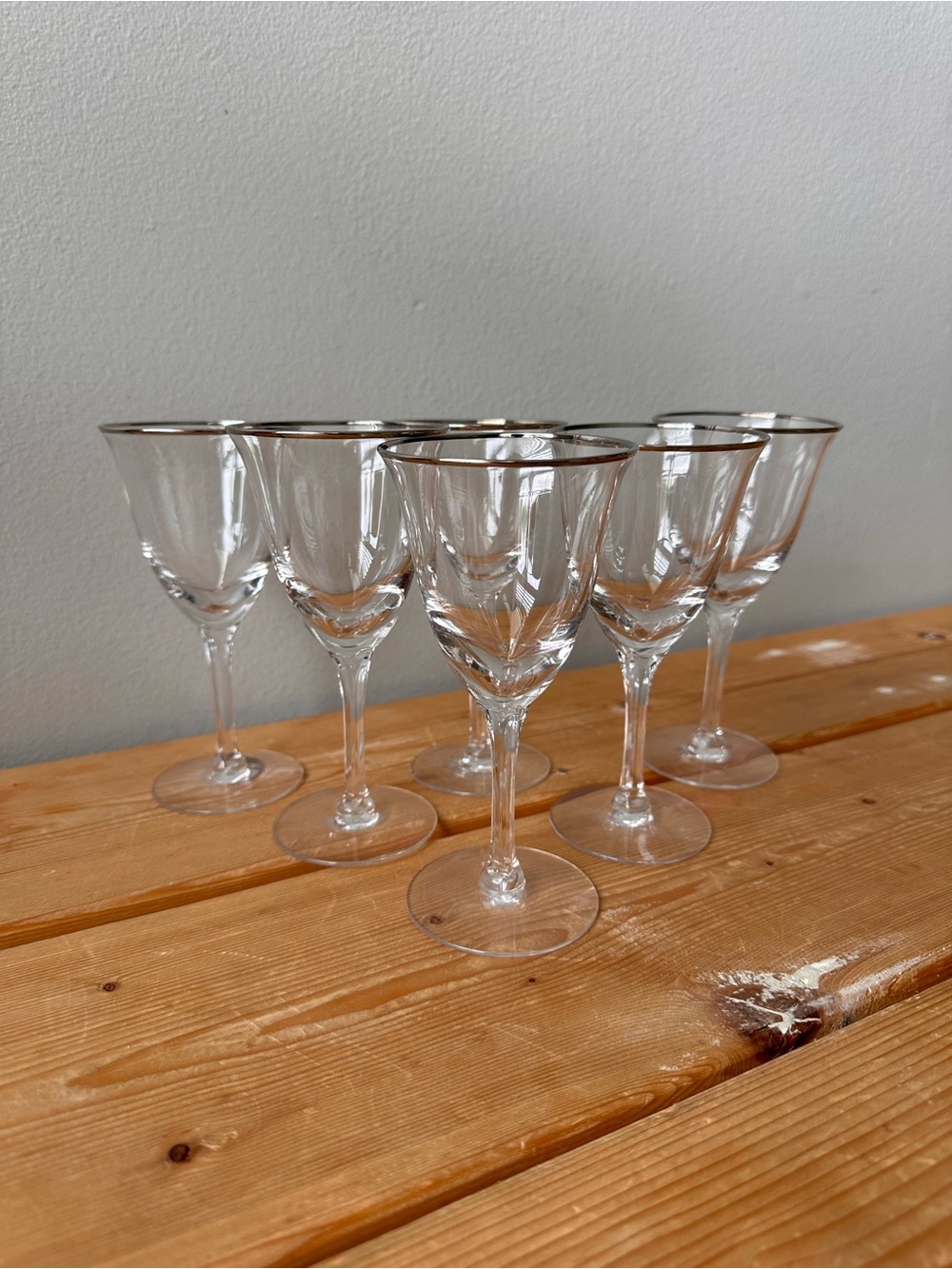 Set of 6 Vintage Platinum Rim 7" Crystal Wine Glasses